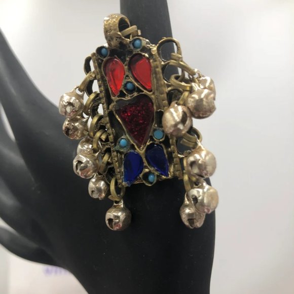 Afghan Multicolor Glass Stones Kuchi Ring, Afghan Statement Ring With Beads, - Picture 8 of 10